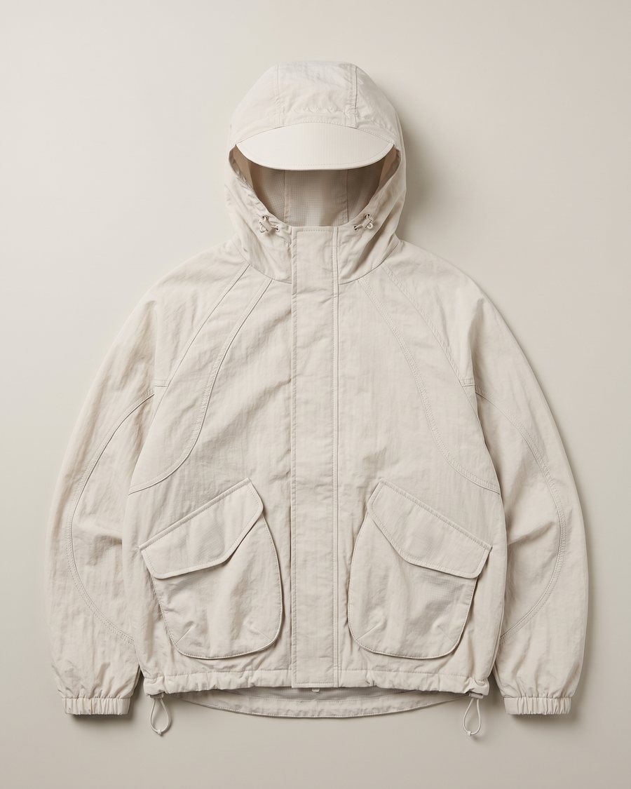 Menswear AW27 Visor Hooded Cocoon Jacket, flat